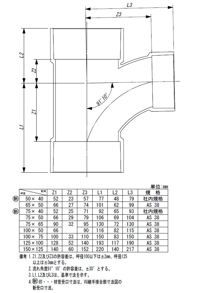 東栄管機 VU継手 90゜ 大曲りY 異径チーズ 呼び径75X50