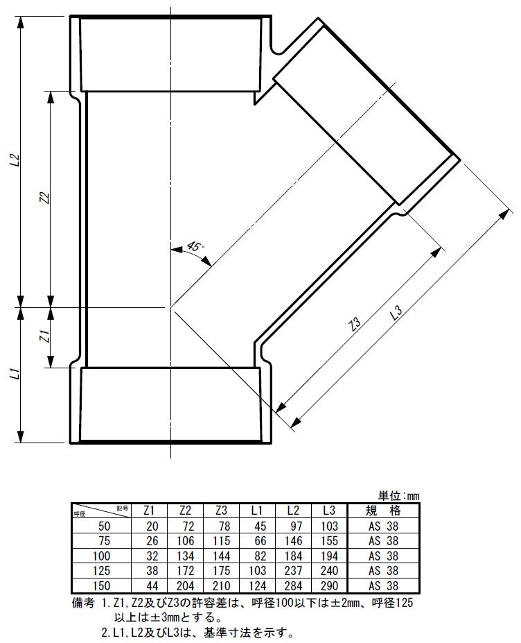 東栄管機 VU継手 45゜Ｙ エルボ 呼び径75